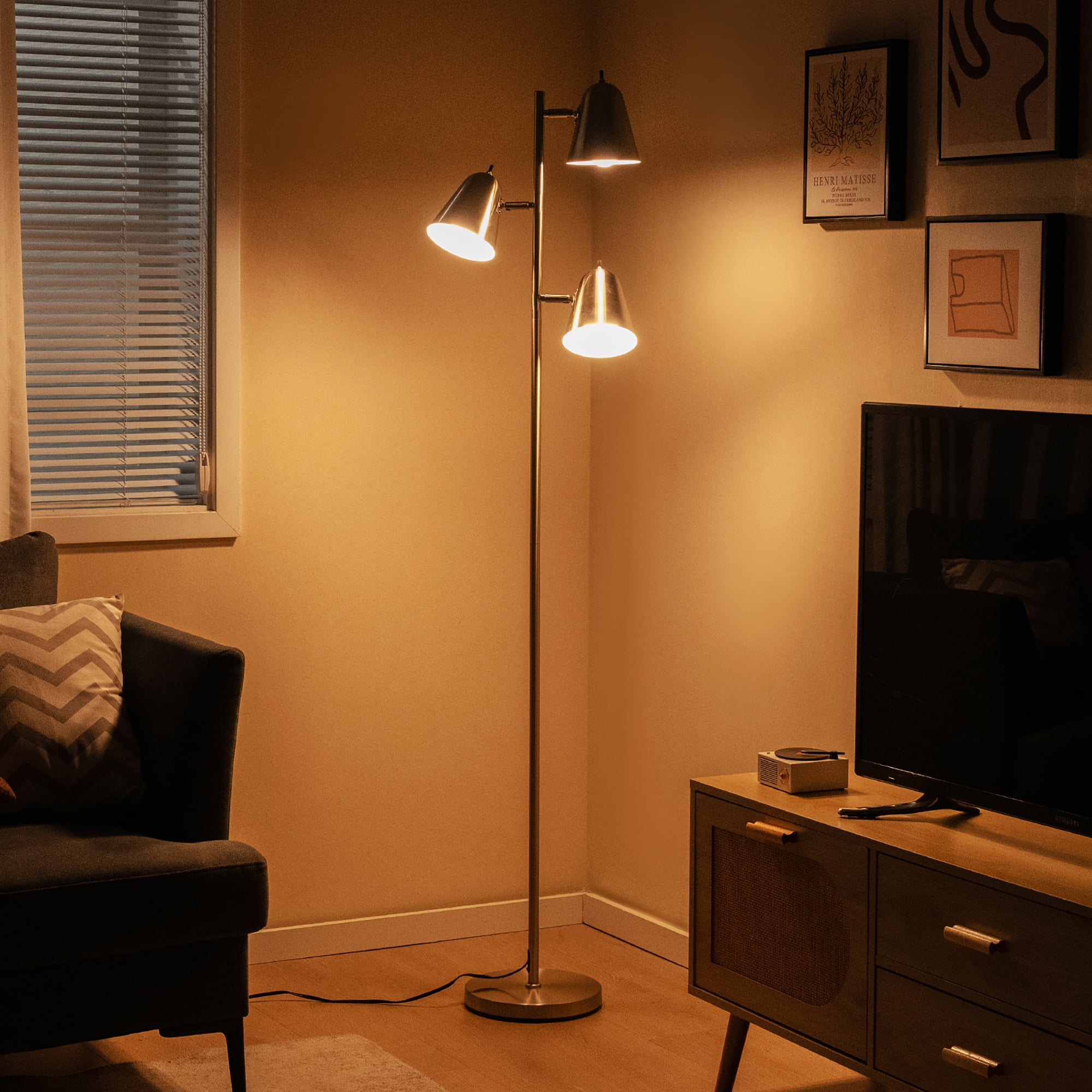 Gymax 3-Bulb Floor Lamp Standing Tall Tree Lamp w/ 3 E26 A19 Bulbs Silver