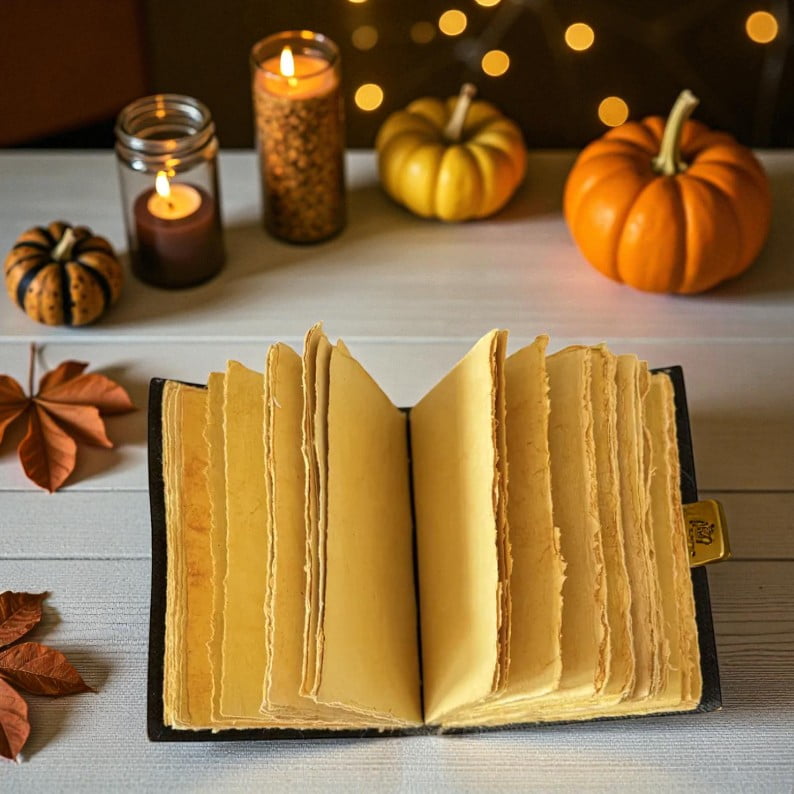 Handmade Leather Journal – “The Raven” Gothic Vintage Notebook, 200 Deckle-Edge Pages, Halloween Theme Diary