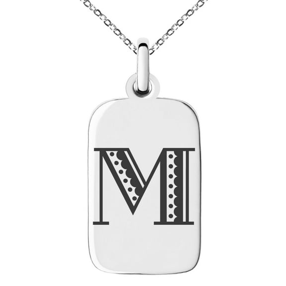 Stainless Steel Letter M Initial Metro Retro Monogram Engraved Small Rectangle Dog Tag Charm Pendant Necklace