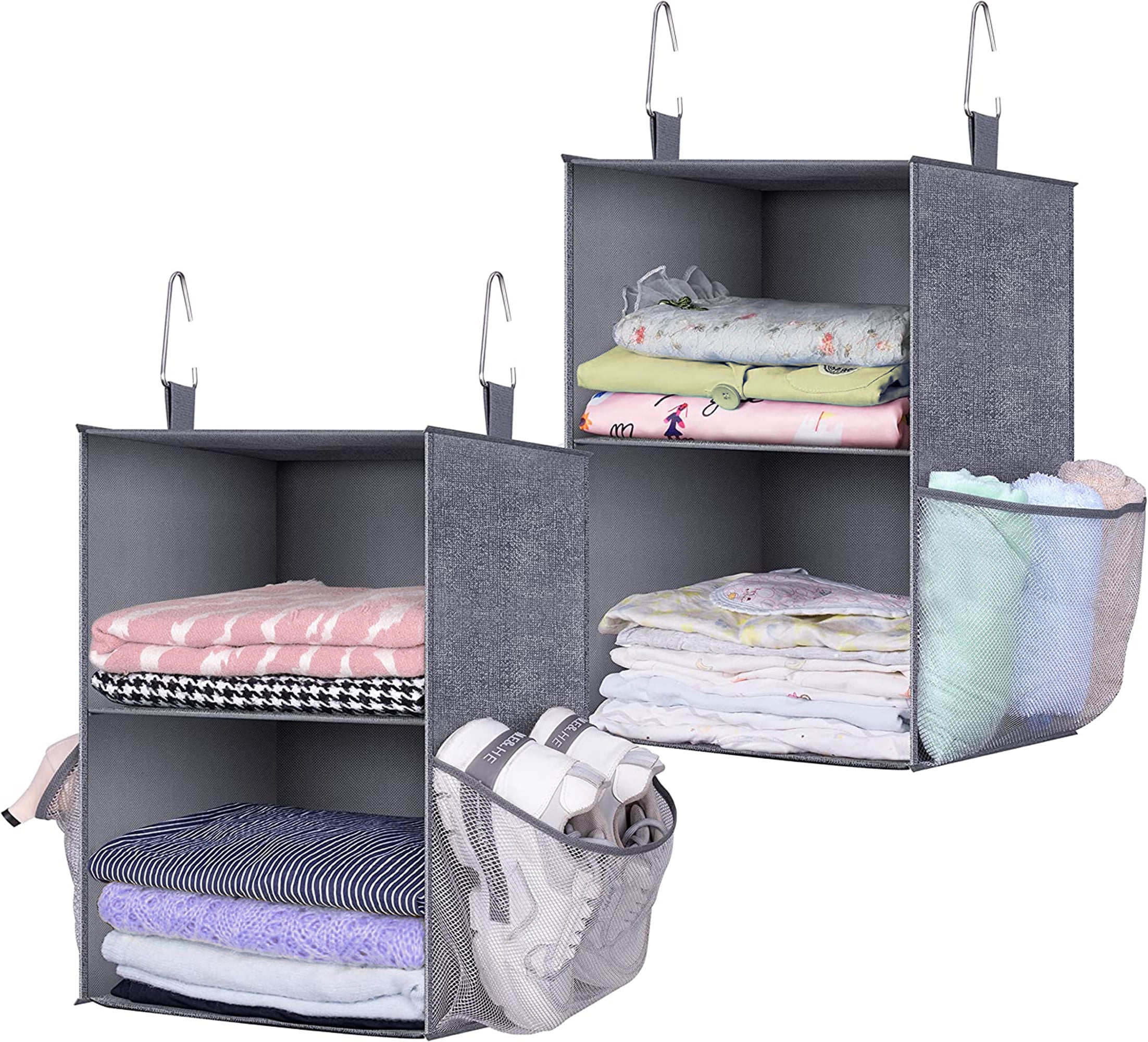 MISSLO Large Hanging Closet Organizer 2-Shelf with 4 Side Mesh Pockets Bedroom Wardrobe Hanging Shelves for Clothes Storage - Gray