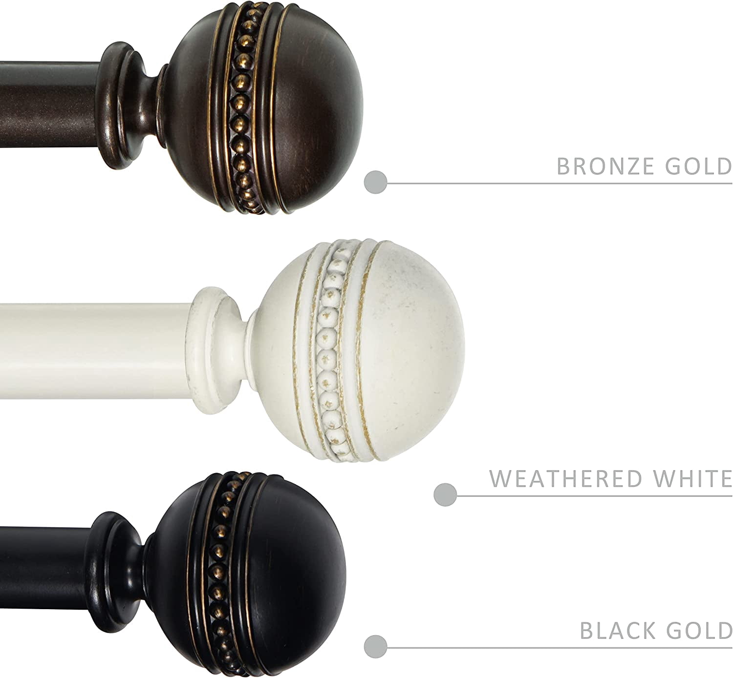 eTeckram 1" Double Curtain Rod with Sable Finials and holdbacks (84" to 120", Weathered white)