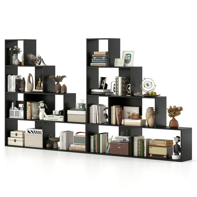 Gymax 2PCS 4-Tier Bookshelf w/6 Storage Cubes 64'' Tall Modern Geometric Stair Bookcase