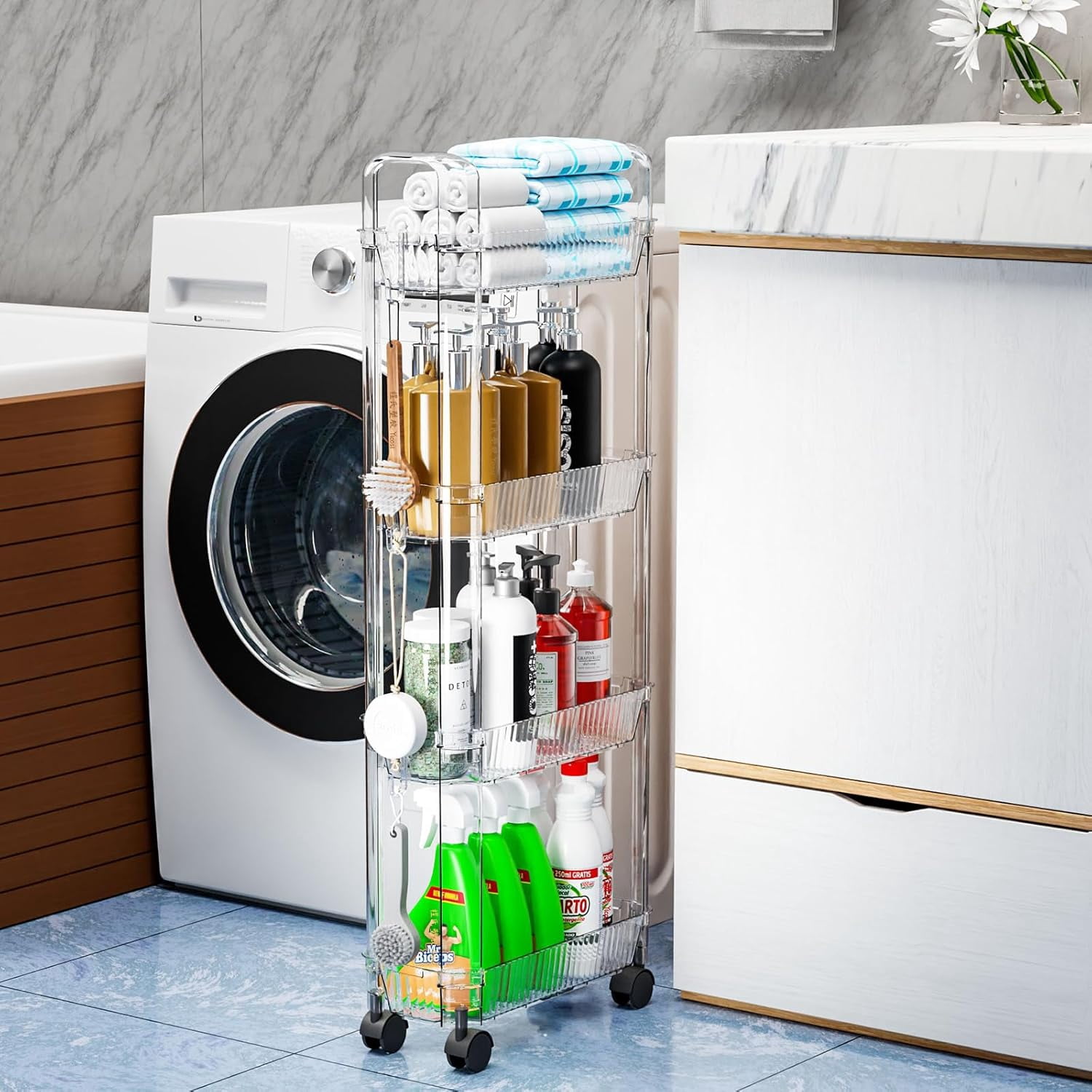 4 Tier Rolling Cart with Wheels,Clear Narrow Bathroom Rack Organizer,Slim Storage Cart,Three Tier Thin Shelf and Narrow Rolling Utility Cart for Small Space Shelf,Dorm Room,Kitchen,Laundry