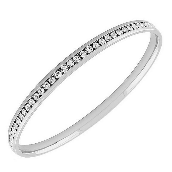 Stainless Steel Silver-Tone White CZ Bangle Bracelet