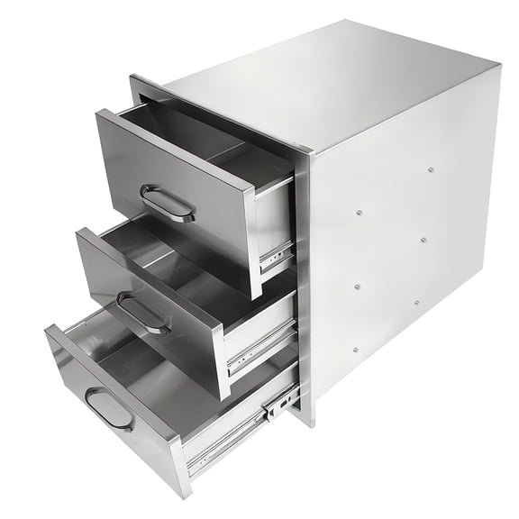 JERFIT Outdoor Kitchen Triple Drawer Cabinet with Paper Towel Holder, Steel Gray Stainless Steel Storage for BBQ Grill Island, Patio, Deck, RV