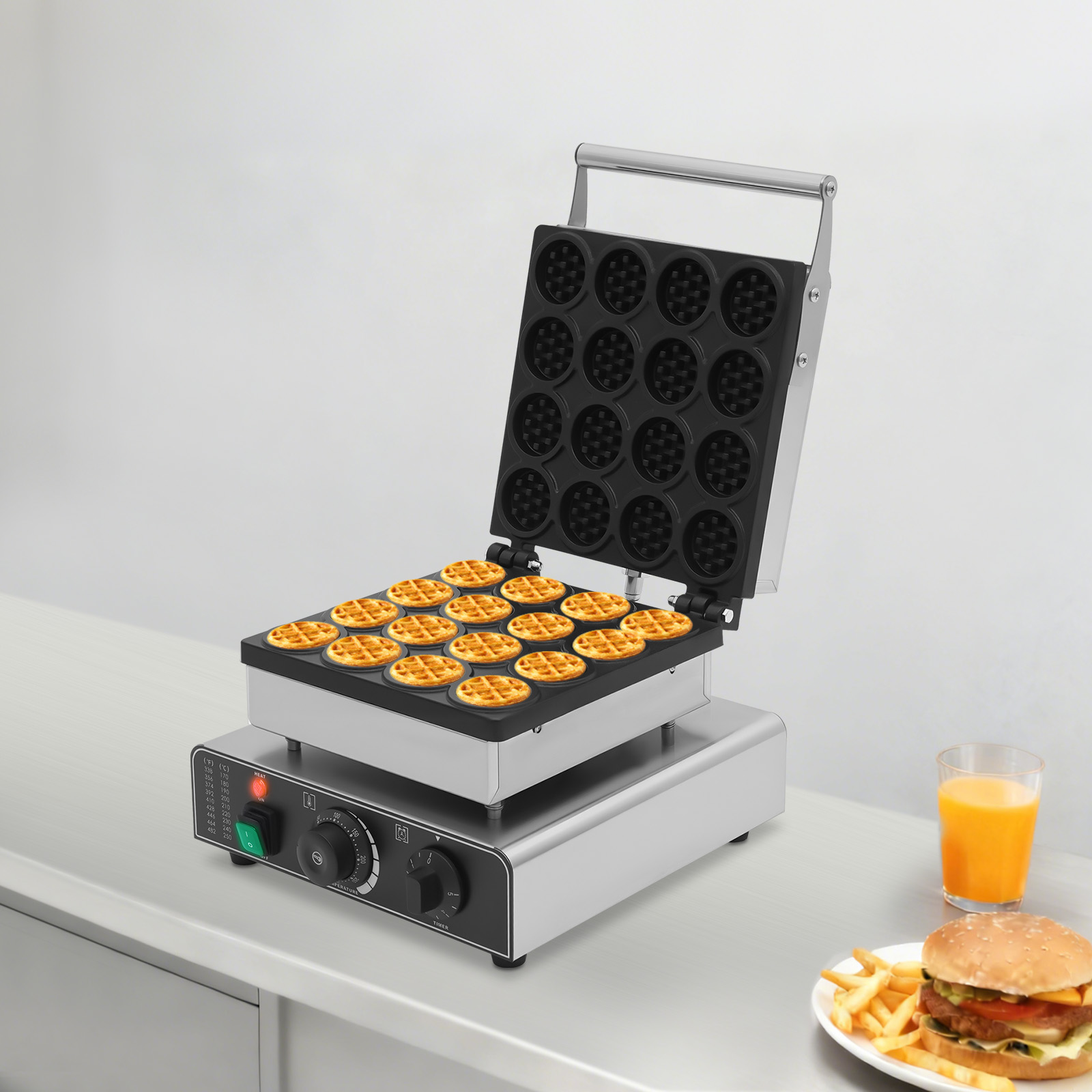 32*32*24cm 16 Grids Silver Commercial Waffle Maker Tabletop Round Electric Waffle Machine with Temperature Control