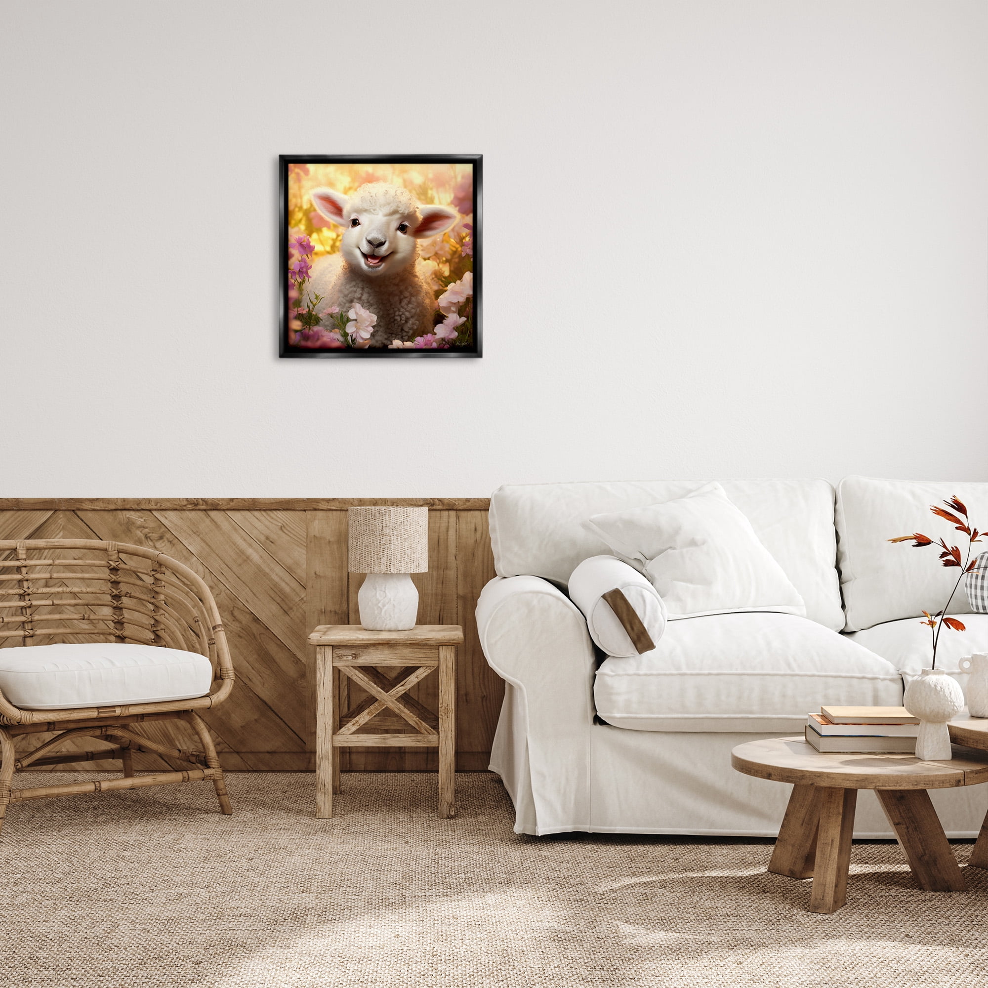 Stupell Industries Lamb in Flower Meadow Animals & Insects Painting Black Floater Framed Canvas Art Print Wall Art, 25 x 25