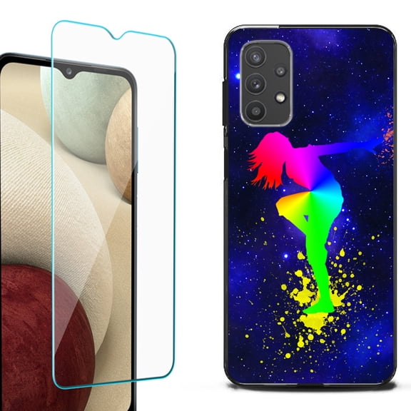 Slim-Fit Flexible TPU Gel Phone Case (black) for Samsung Galaxy A32 5G, with Tempered Glass Screen Protector, by OneToughShield ® - Cosmos Dance