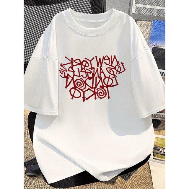 Camiseta informal de algodón para hombre con estampado de letras abstractas llamativas, cuello redondo, manga corta, ligera y transpirable para tus desplazamientos de verano. Estilo unisex, ropa versá