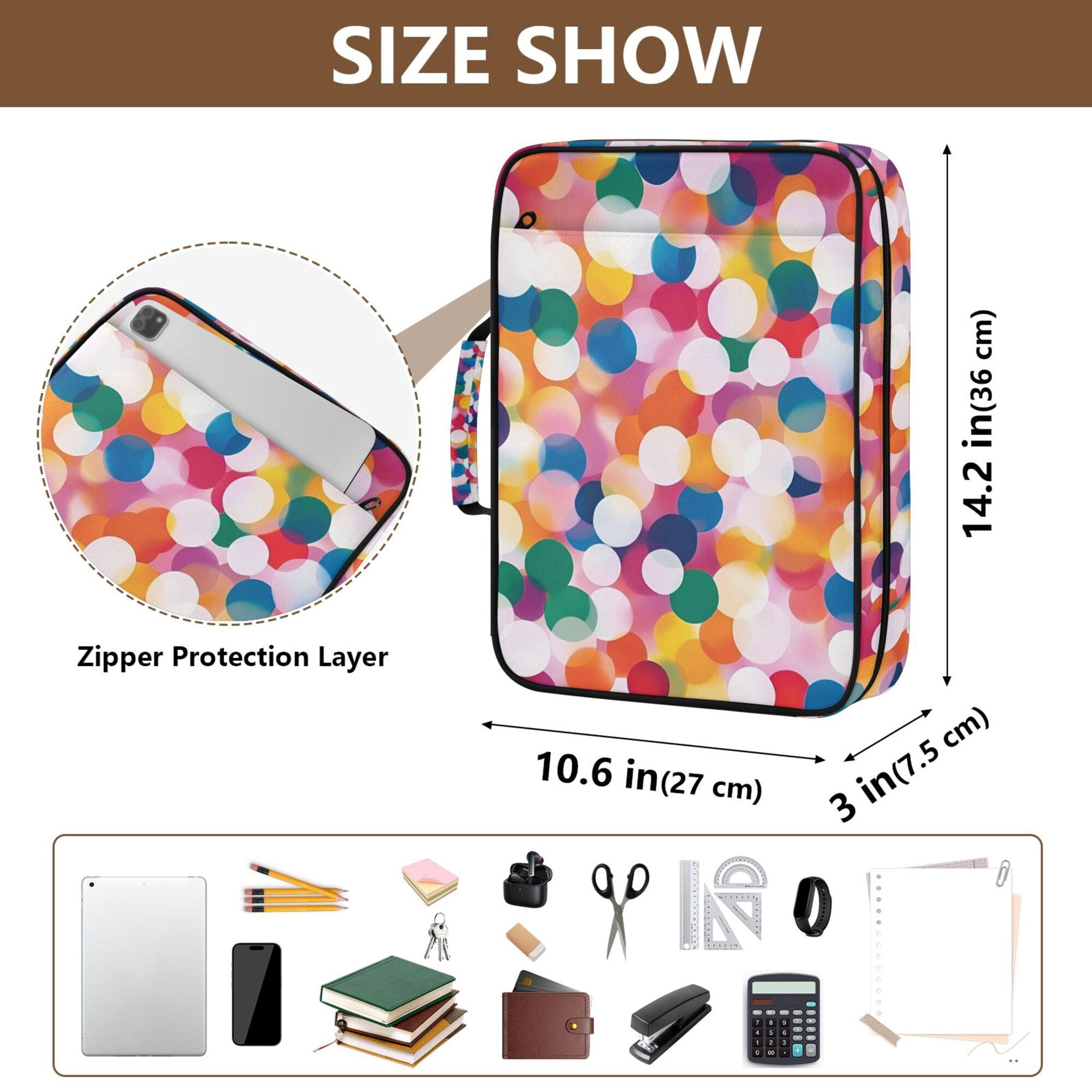 FORMRS Accordion File Folder A4 Size 7-Pocket Expanding Document Organizer Bag with 3 Ring Binder, White Colorful Circles