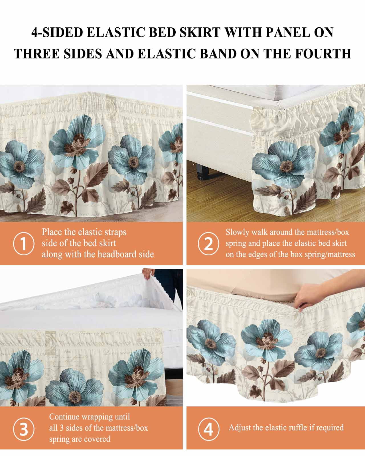 Victorian Style Bed Skirt King Size 18" Drop Blue Retro Poppy Flower Plant Ruffled Wrap Around Bed Skirts Adjustable Elastic Bedskirt Dust Ruffle for King Size Bed