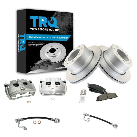 TRQ Rear Brake Pad & Rotor Kit Brake Caliper Brake Hose Brake Pads Brake Rotor Semi-Metallic Premium G-Coated Fits Select 2009-2010 Dodge Ram 2500 Ram 3500 2011-2013 Ram 2500 2011-2012 3500