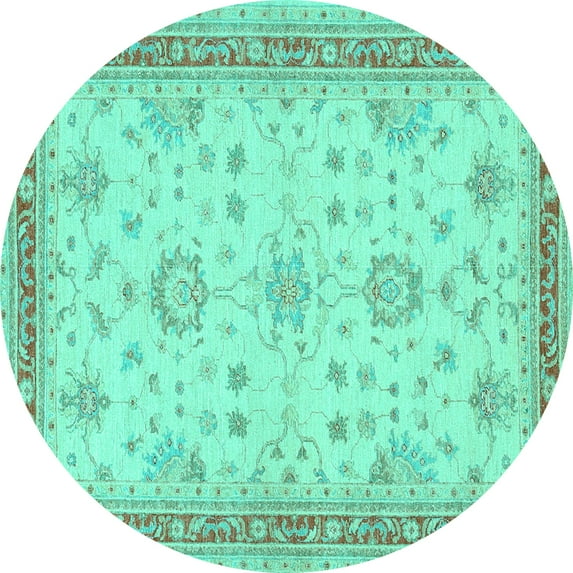 Ahgly Company Machine Washable Indoor Round Oriental Turquoise Blue Traditional Area Rugs, 8' Round