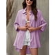 thumbnail image 2 of Camisa con botones para mujer, cuello vuelto, manga tres cuartos, dobladillo Irregular, Color puro, blusa holgada para mujer, color morado S, 2 of 7