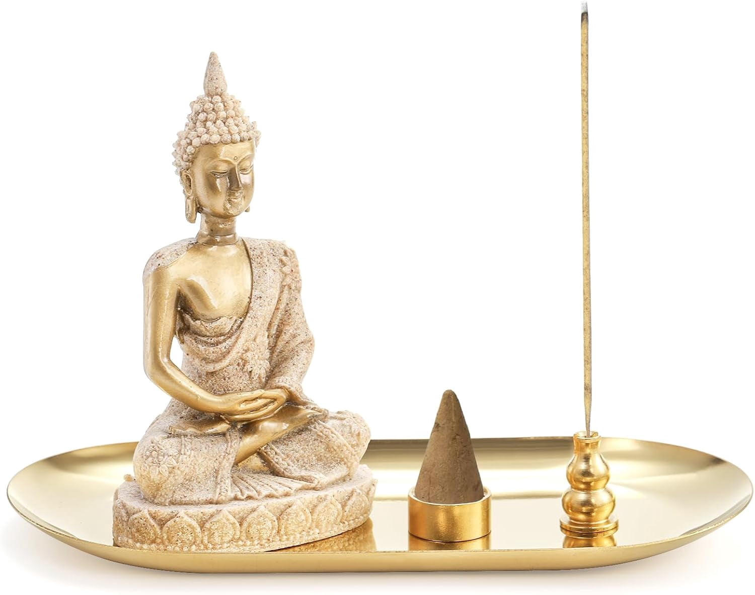 6 in 1 Brass Incense Burner Holder, Palo Santo & Sage Sticks Holder, Ash Catcher Tray with Buddha Statue for Coil Incense, Incense Cone & Stick, Meditation Accessories, Yoga Room Decor