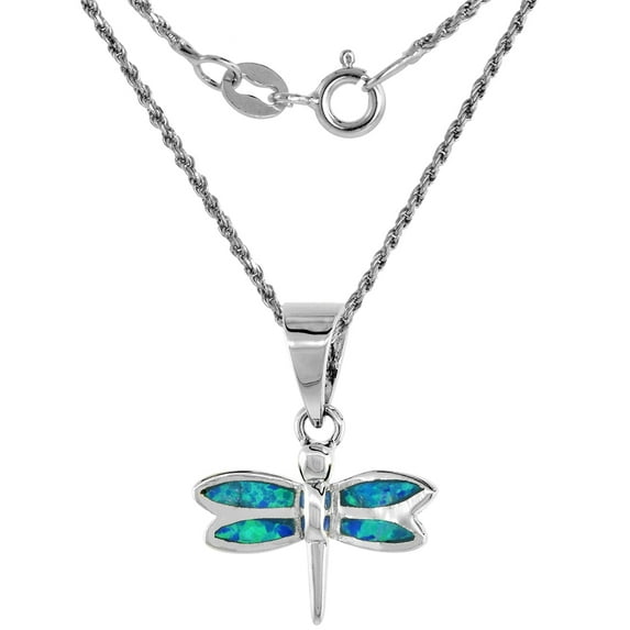 Sterling Silver Synthetic Opal Tiny Dragonfly Necklace for Women Hand Inlay 9/16 inch 20 inch ROPH_25