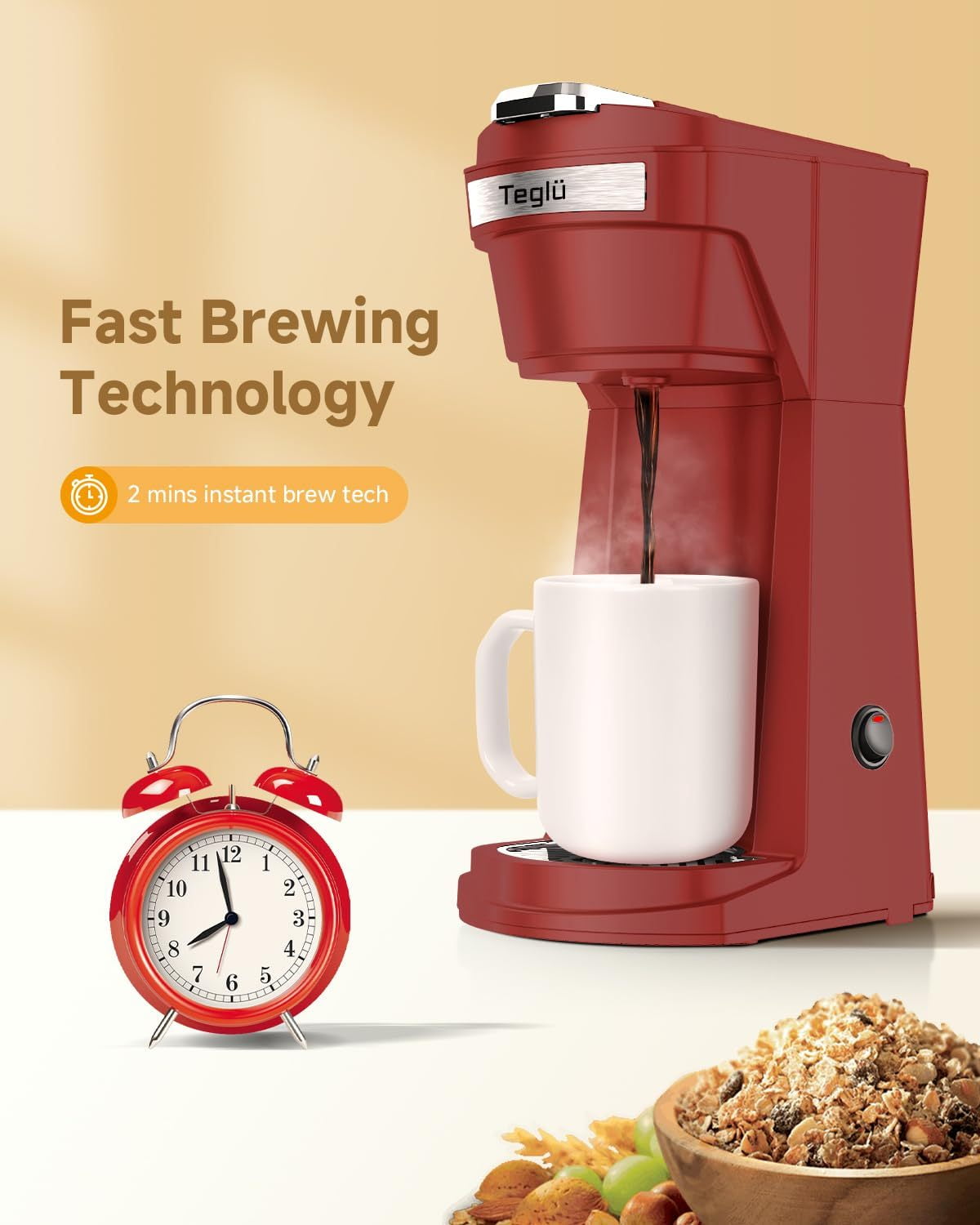 Single Serve Coffee Maker for K Cup Pod & Ground Coffee 2 in 1, K Cup Coffee Machine 14 oz Brew Size, Mini Single Cup Coffee Pod Fast Brew, Reusable Filter, Red
