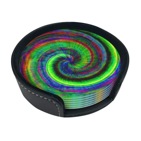 

Drink Coasters With Holder 6pcs Absorbent Home Pu Leather Coaster Colorful Tie Dye Rainbow Round Mug Pad Protect Furniture From Scratched