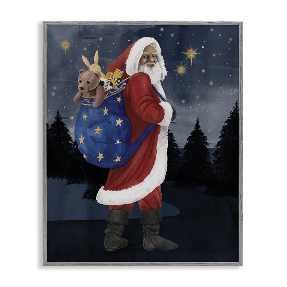Stupell Industries Traditional Santa Claus Sack of Toys Under Night Sky Gray Framed Giclee Art, 16 x 20, by Grace Popp