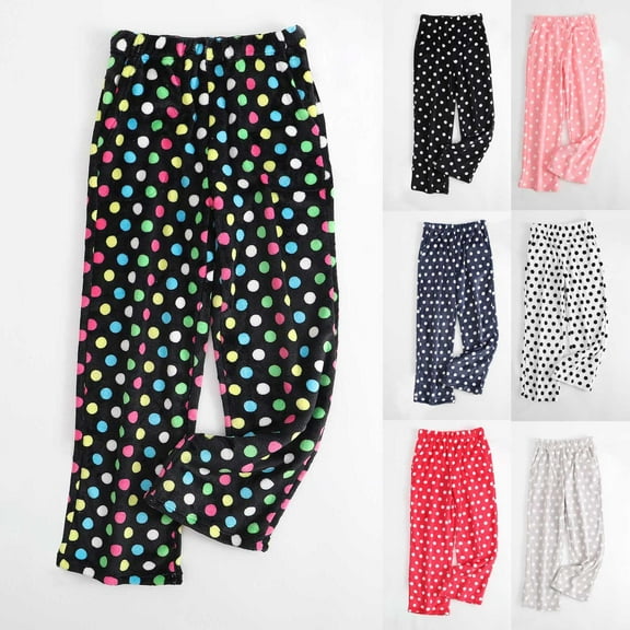 Feancey Women's Pajama Bottoms Flannel Warm Sleep Pants Wide Leg Casual Polka Dot Print Lounge Trousers Winter Comfy Plush Sleepwear Blue XXL