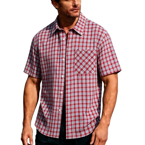 LIaqionyy Big and Tall Short Sleeve Shirt for Men's Plaid Dress Button down Casual Loose Tees Shirts with Pocket