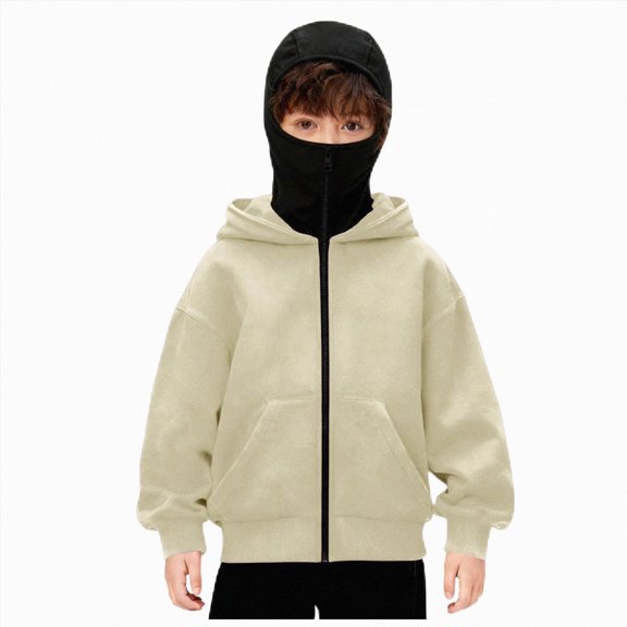 Xudanell Balaclava Hoodie for Boys Girls Kids Windproof Ski Mask Hoodies Oversized Full Zip Sweatshirt Jacket with Pockets (8-9 Years, Beige)