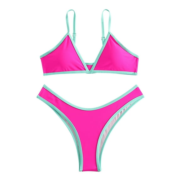 Yuanlook 2 Piece Bikini for Women,Deep V Neck Popular Swimsuit Triangle Summer Beach Swim Bathing Suits,Hot Pink,L