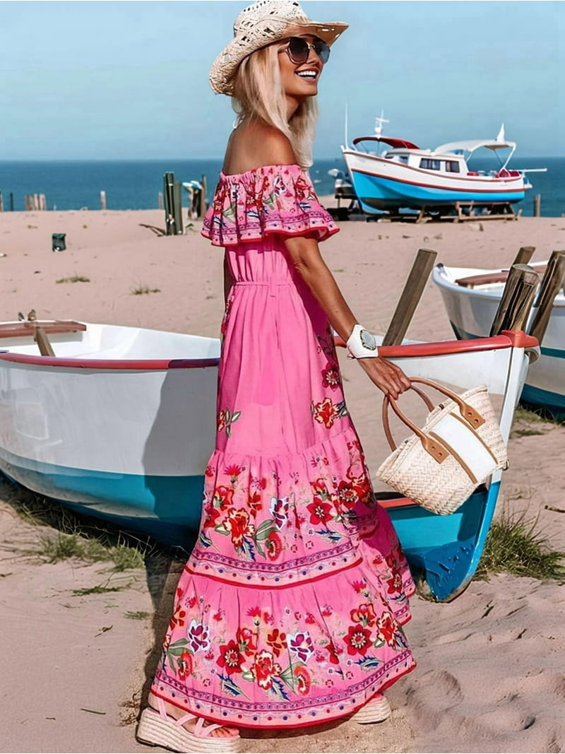 Women'S Mexican Dress Summer Floral Print Off the Shoulder Sleeveless Beach  Long Maxi Dress Pink M - Walmart.com