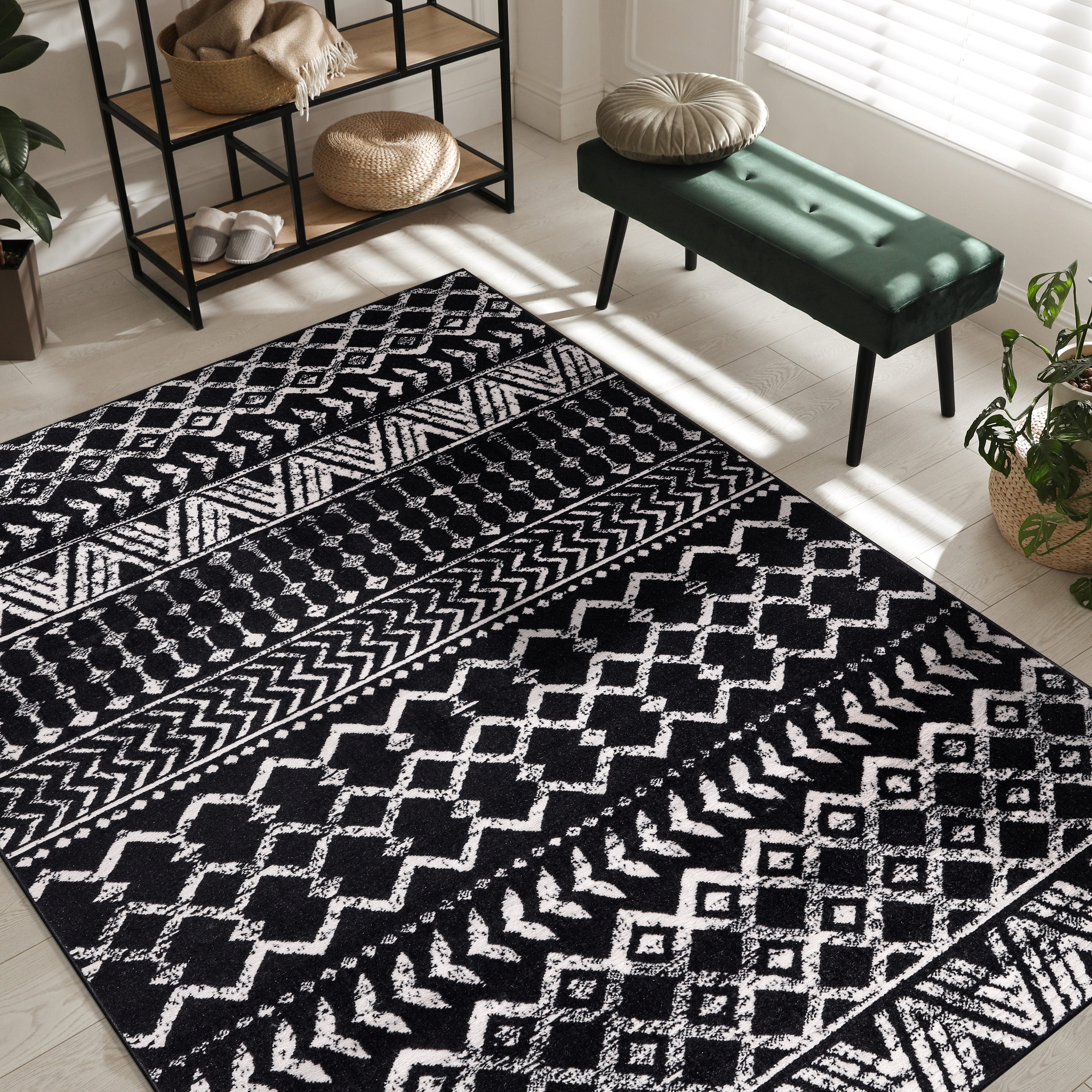 CAMILSON Crystal Black Area Rug 5'x7' Oval Boho for Living Room Bedroom Dining Room Black Indoor Area Rugs