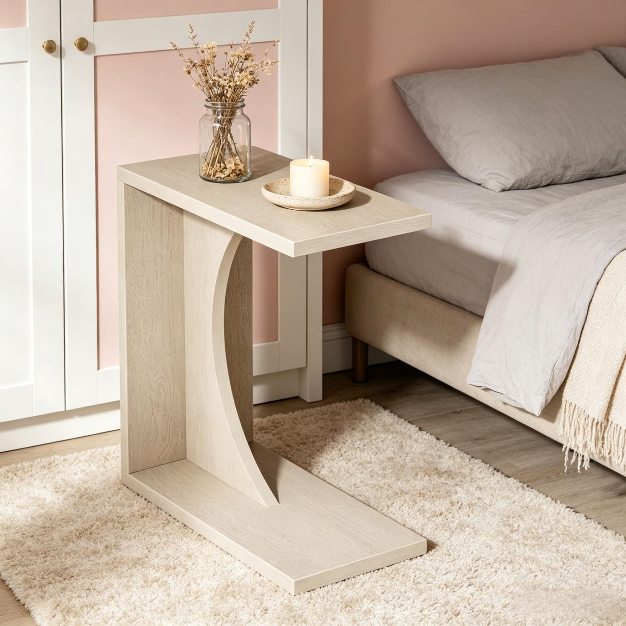 C-Shaped Narrow End Table 23.62in Wide MDF Sofa Side Table with Adjustable Feet, Slim Space Saving Side Table for Small Space Living Room Bedroom Laptop Coffee Drinks