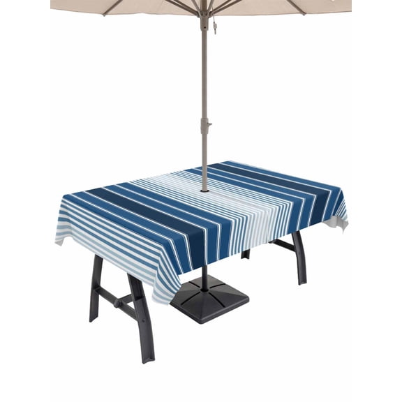 Navy Blue Stripe Outdoor Tablecloth with Umbrella Hole, Modern Blue Ombre Vertical Striped Spillproof Waterproof Outdoor Table Cover, Patio Tablecloths for Party Picnic Camping, Rectangle 60"x84"