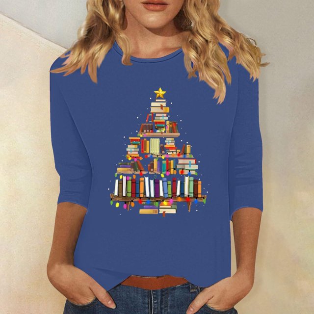 Meichang T-Shirts de Noël pour Femmes, Col Rond, Manches 3/4, Coupe Ample, Pull de Noël Classique, Joyeux Noël, Graphique