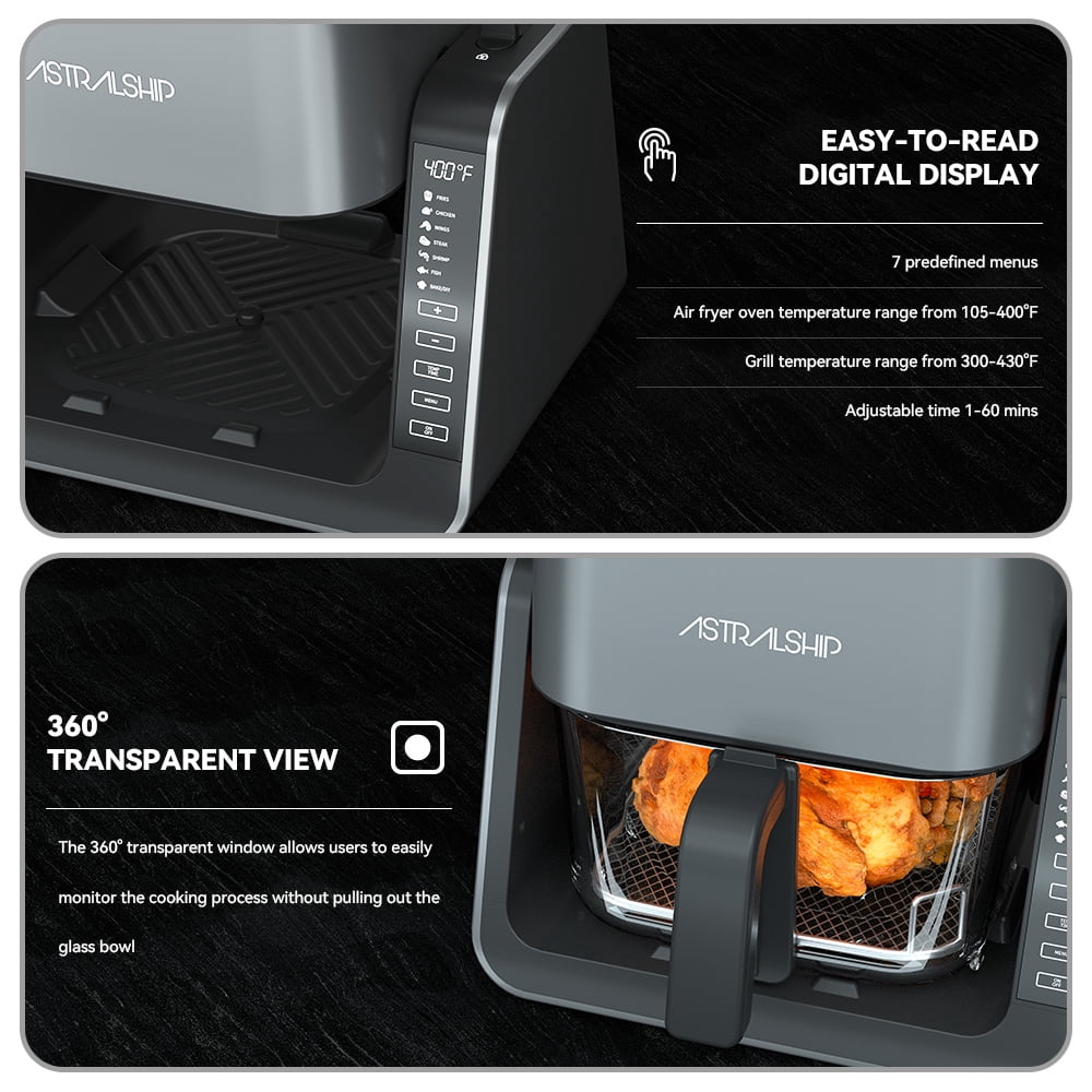 ASTRALSHIP Air Fryer for Countertop, 2‑in‑1 Glass Air Fryer & Grill Pan Combo, 4.2 QT + 1.3 QT, Air Fryer Non Toxic, Digital Presets, Healthy Cooking, Non‑Stick, Multi‑Function for Griddle & Baking