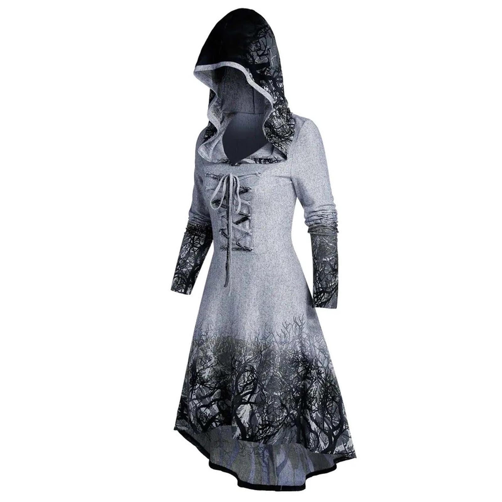 Womens Long Hoodie Gothic Plus Size Coat Vintage Dress Hooded Elasticity Overwear Halloween Blouse Tops Sweater 