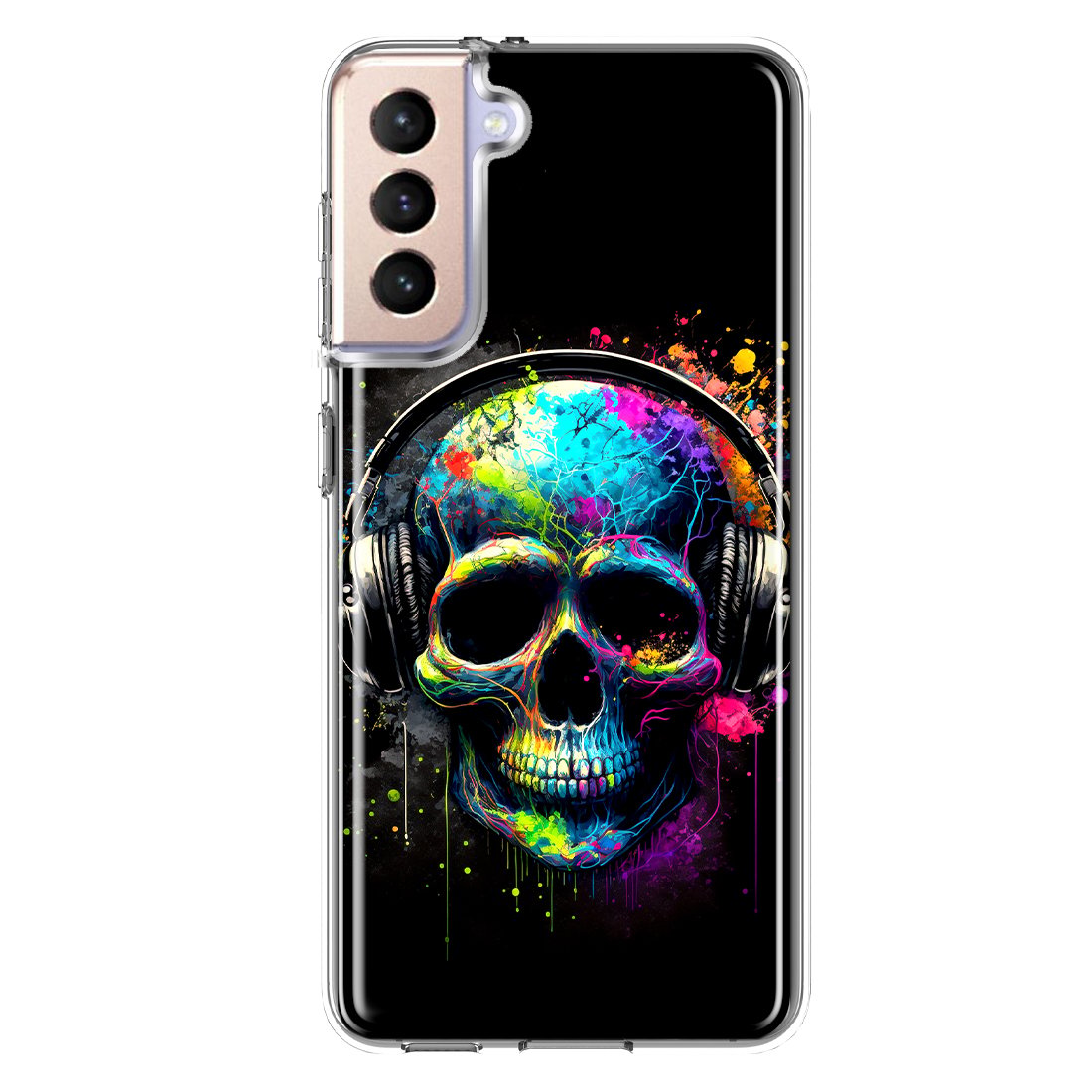 MUNDAZE Samsung Galaxy S21 FE Shockproof Clear Hybrid Protective Phone Case Fantasy Skull Headphone Colorful Pop Art Cover