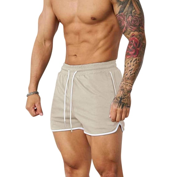 Men's Mesh Shorts Baggy Comfort Cotton Gym Shorts Quick-Dry Workout Training Shorts with Drawstring Beige L