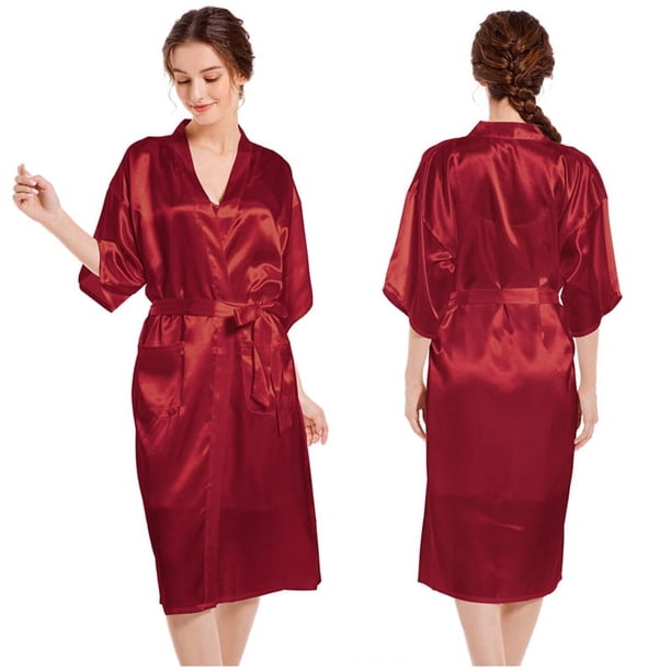 Bata de baño lisa de color liso para mujer, cárdigan largo de satén de primavera y otoño, suéter de lana, vestido de mañana para dama de honor y novia