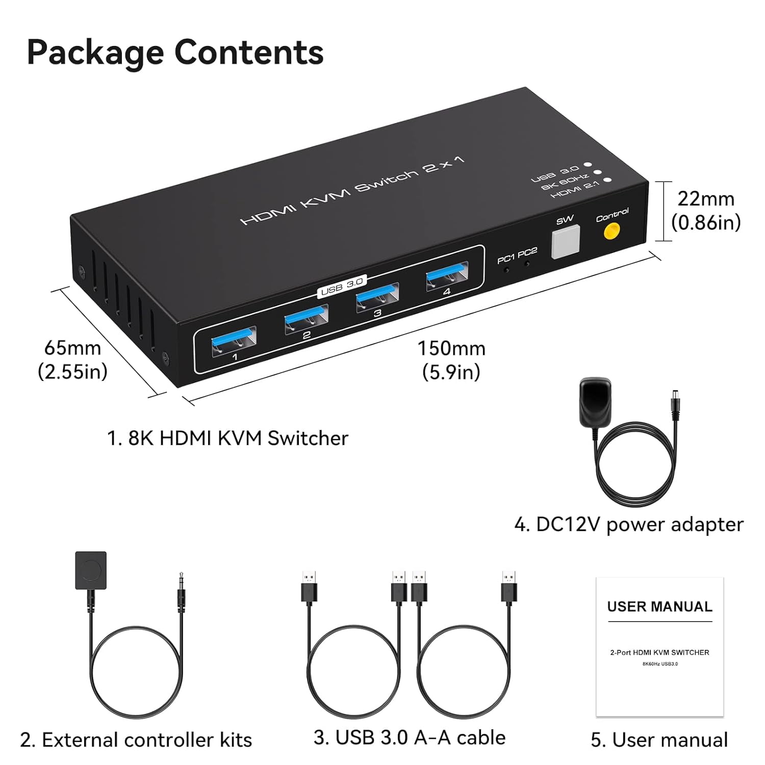 2 Port HDMI KVM Switch Support 8K60Hz 4K120Hz, USB 3.0 HDMI2.1 KVM Switch for 2 Computers Share 1 Monitor with 4 Port USB 3.0 Hub Includes Desktop Control and 2xUSB Cables