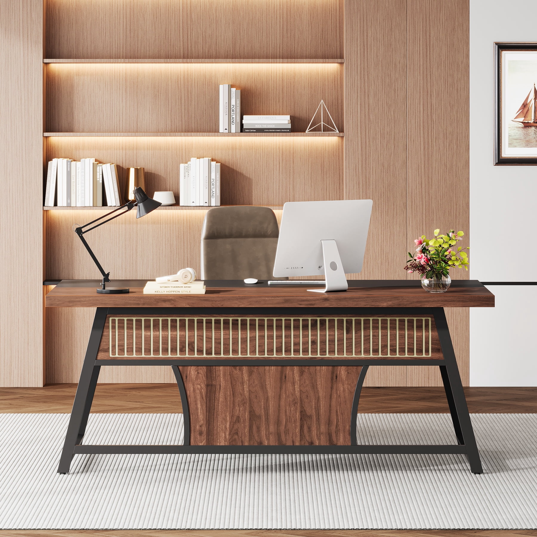 Condemo 63 Inch Executive Office Desk, Large Computer Table with Metal Frame & Storage Shelf, Study Writing Workstation with LED Light, Modern Business Furniture for Home Office, Walnut and Black