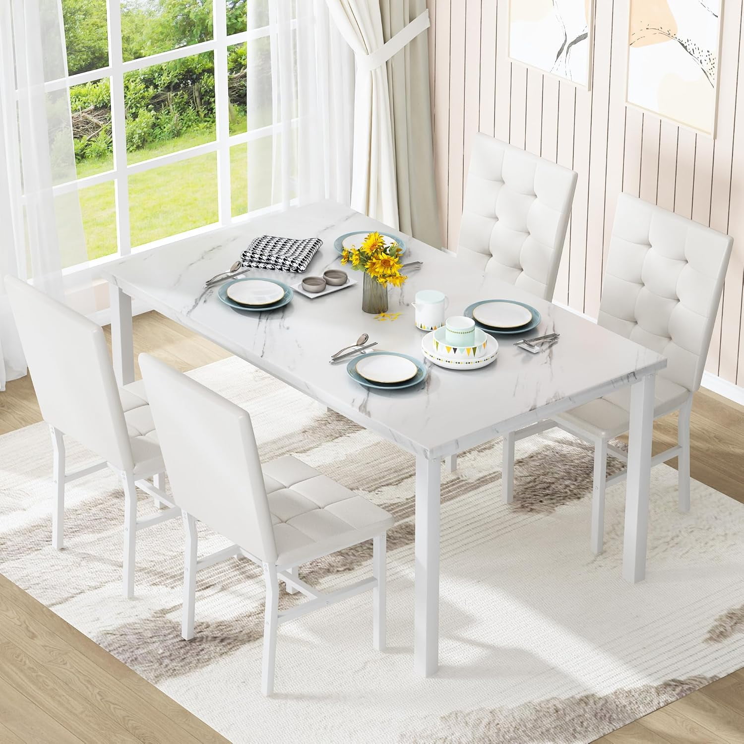 LinkRomat 5-Piece Faux Marble Dining Table Set for 4, Modern Kitchen Table with Chairs, Dinette Dining Room Furniture Set for Compact Space Saving