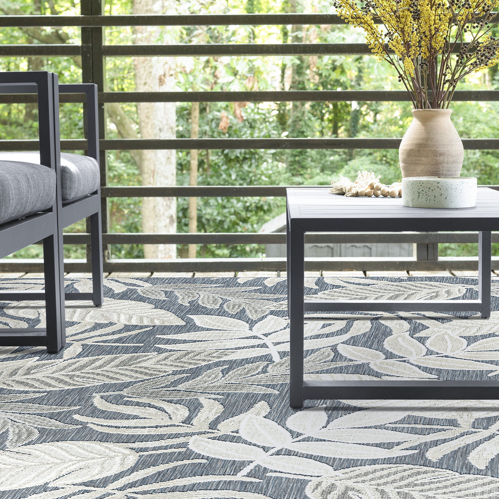 5x7 Water Resistant, Indoor Outdoor Rugs for Patios, Front Door Entry, Entryway, Deck, Porch, Balcony | Outside Area Rug for Patio | Dark Blue, Floral | Size: 5'1'' x 7'3''