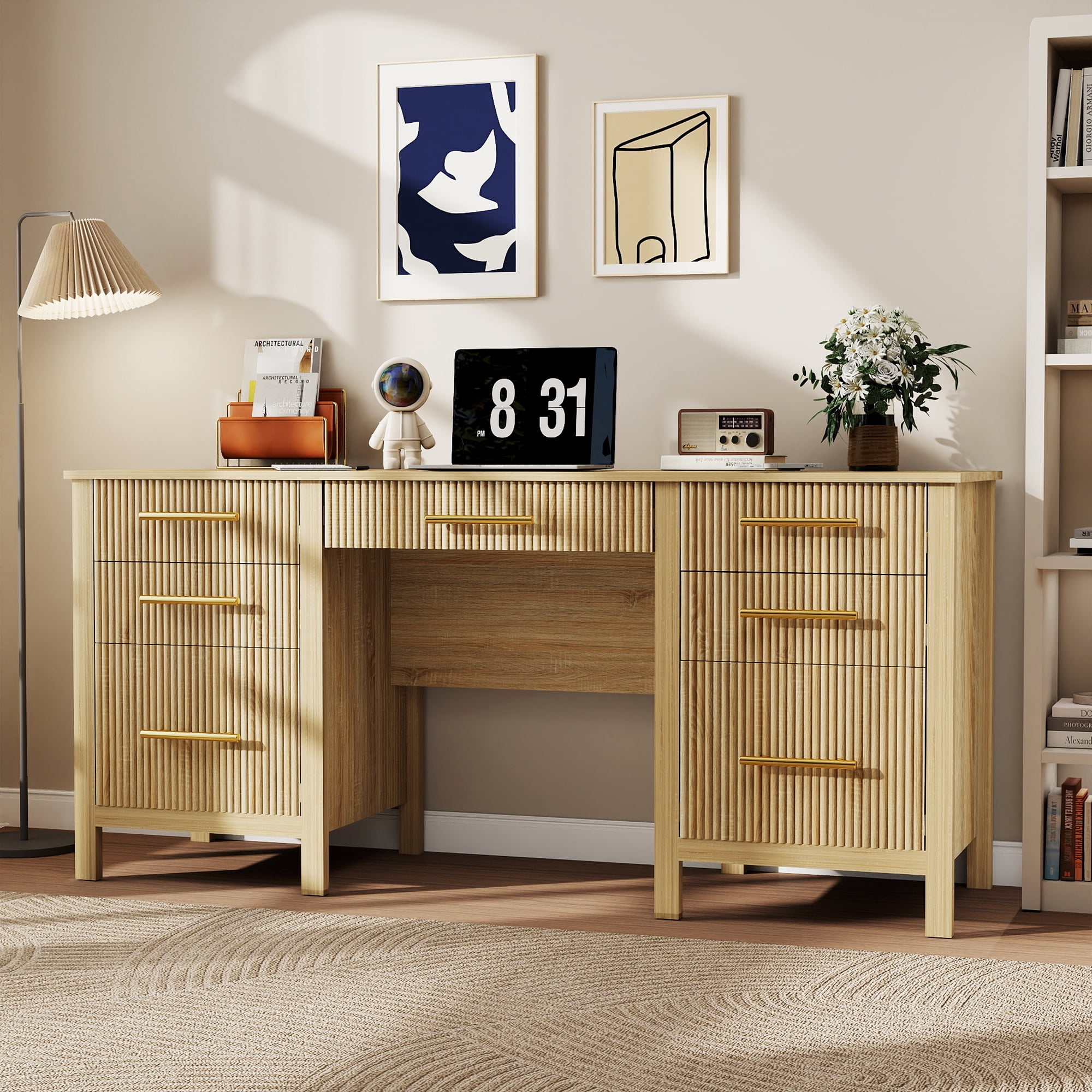 60" Executive Desk with Drawers, Modern Home Office Desk with File Cabinet, Wood Computer Writing Desk Workstation