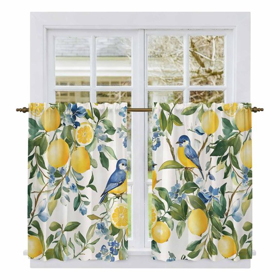 Lemon Bird Tier Curtains, Watercolor Yellow Green Foliage Flower Leaf Light Filtering Kitchen Curtains, 2Pcs Rod Pocket Half Window Treatments Panels for Sink Cafe Cabinet Basement 27.5x45 Inches