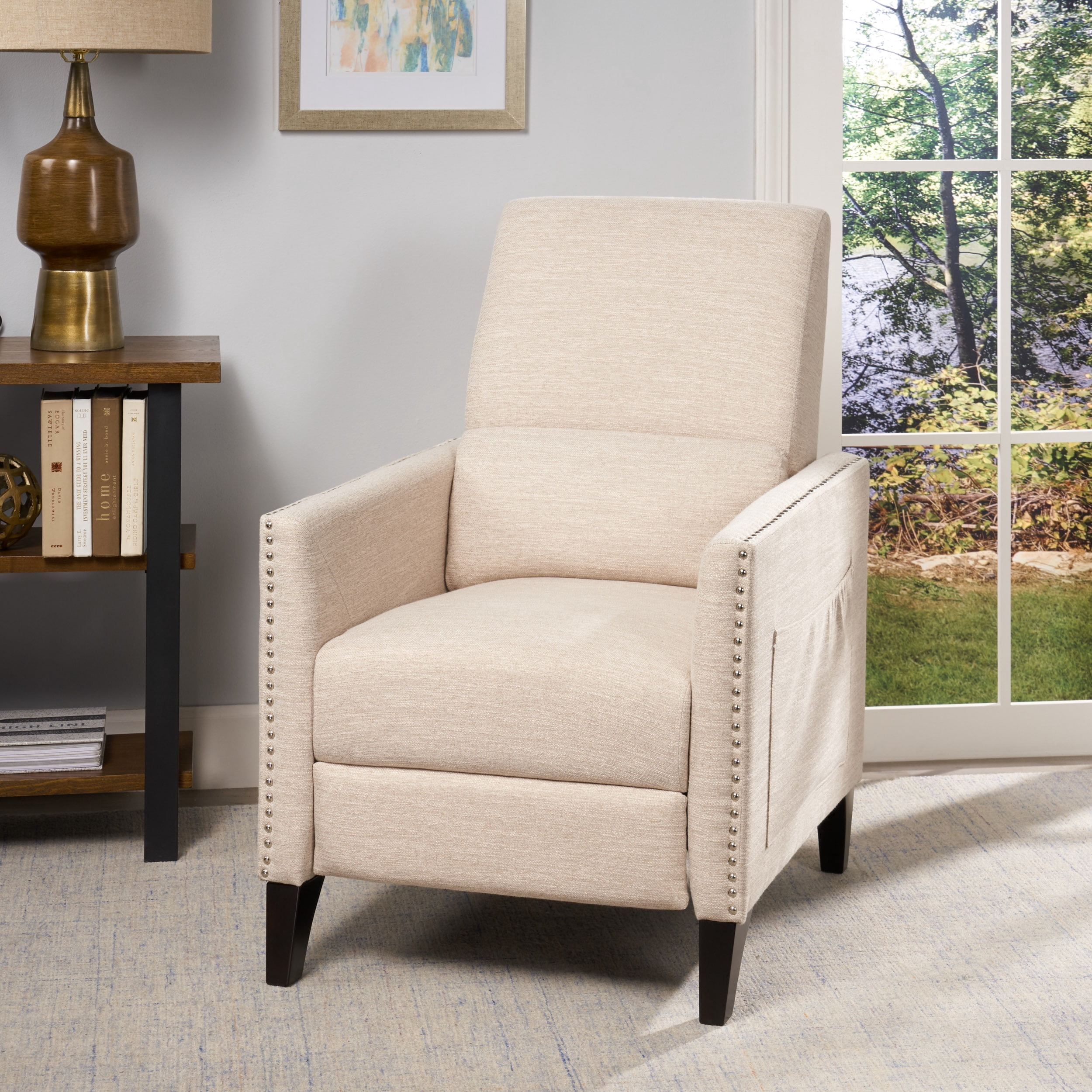 Noble House Beige Standard Contemporary Push Back Recliner with Nailhead Trim