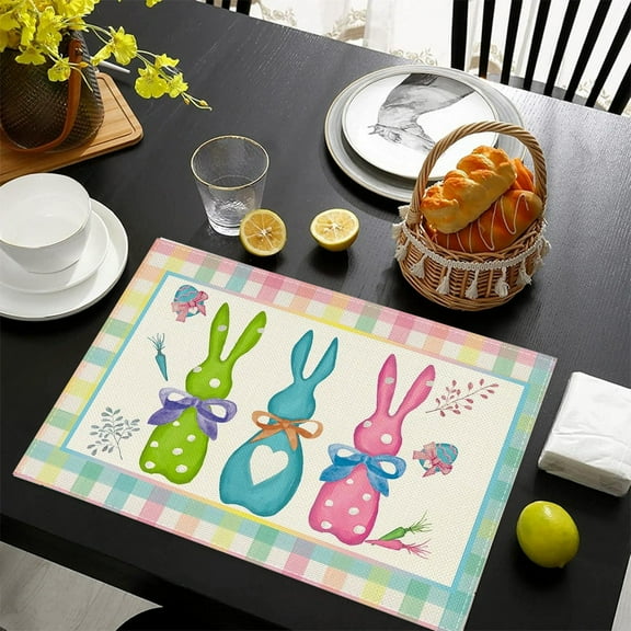 Wooowa Vintage Easter Bunny Chick Placemats, Happy Easter Spring Table Mats, Festive Dining Decor for Kitchen & Holiday Parties