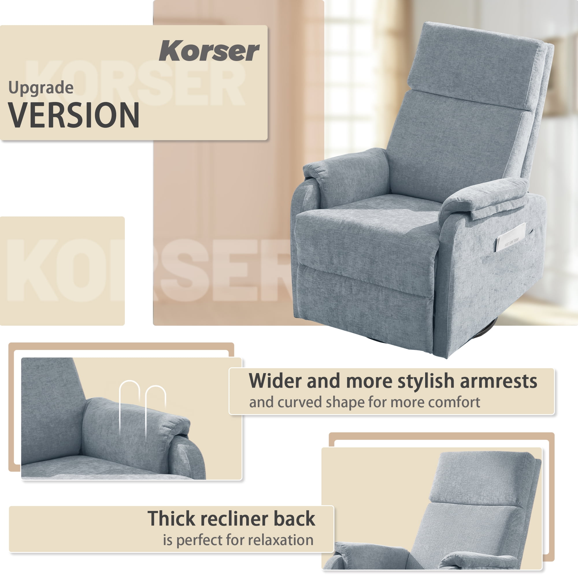 Korser Swivel Rocker Recliner Chair for Small Spaces Chenille for Living Room,Blue