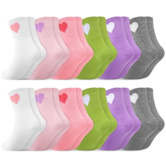 Bocaoying Girls Cotton Athletic Crew Socks, Multicolor Cute Hearts Patterns, 12 Pair, Ages 3-12
