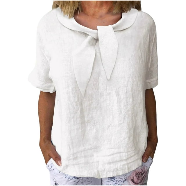 Qholemyo Hauts pour Femmes Décontractés Couleur Unie Manches Courtes T-shirts Col Rabattu Grande Taille Hauts Amples