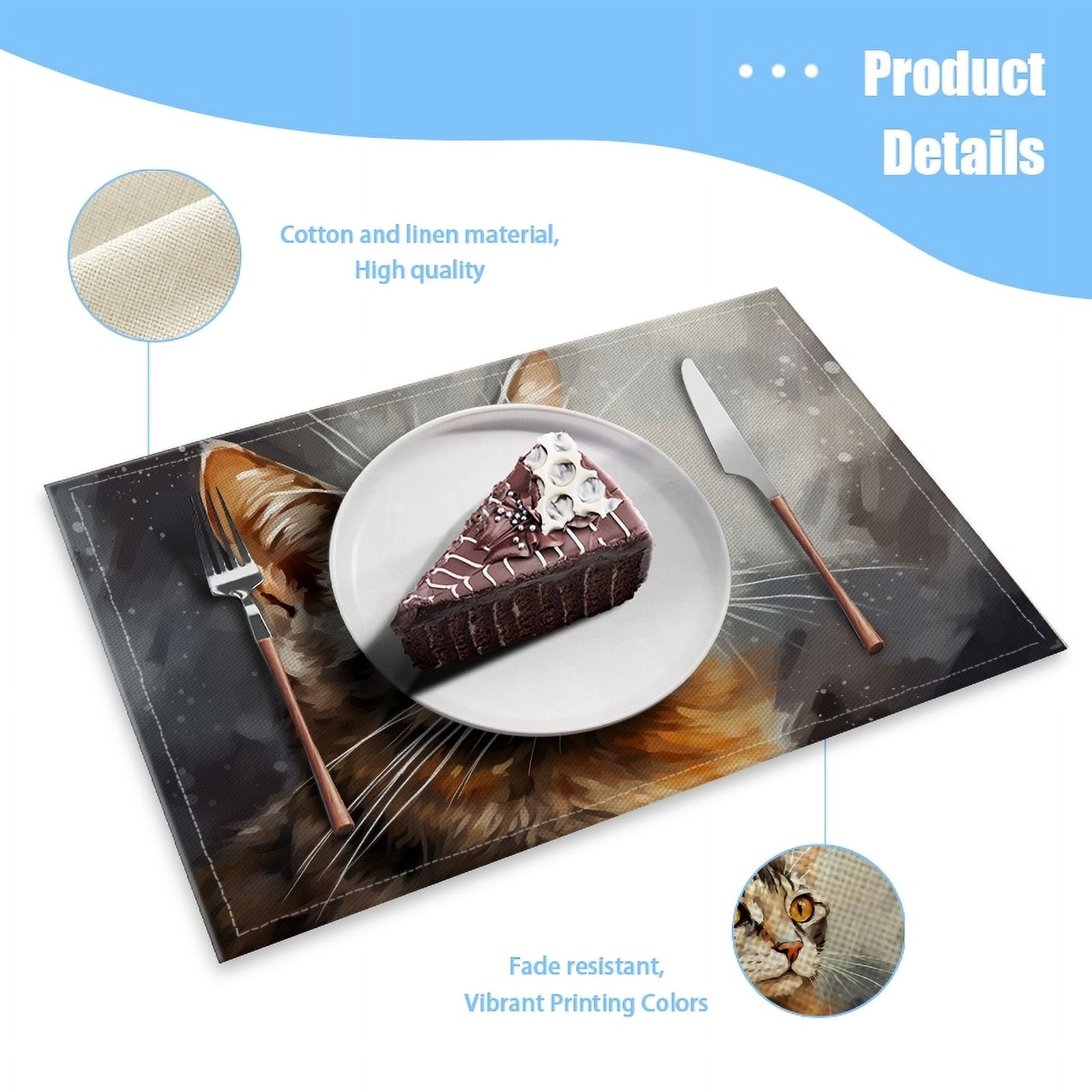 BaHomeck placemats Set of 4 rectangle Linen Cotton Placemats for Dining Table Washable Heat Resistant,18*12inch,Cute Cat Against Grey Background