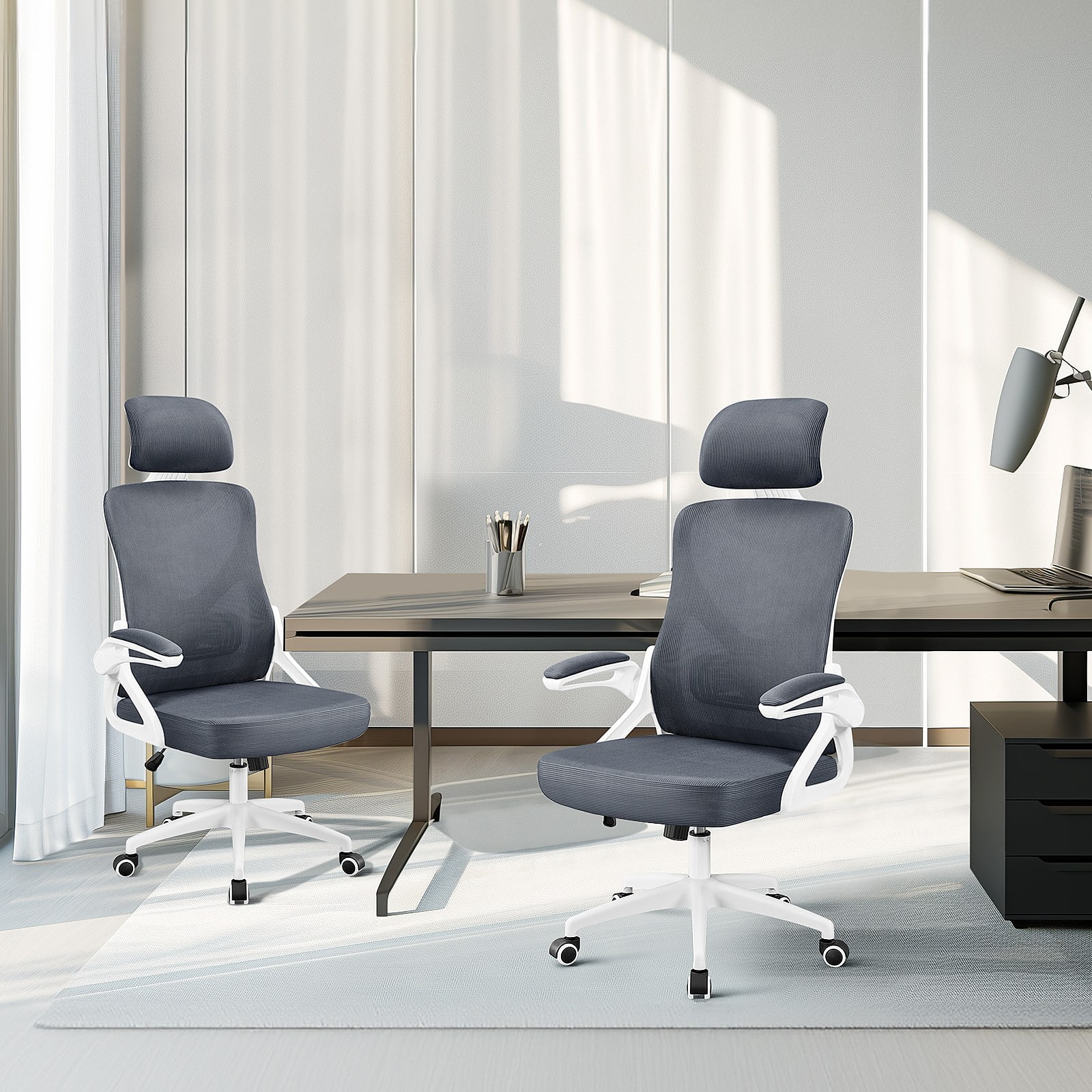 Alden Design High Back Ergonomic Mesh Office Chair with Adjustable Padded Headrest, White/Gray